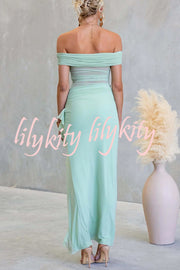 Sexy Mesh Off-shoulder Slim Fit Ruffled Slit Maxi Dress