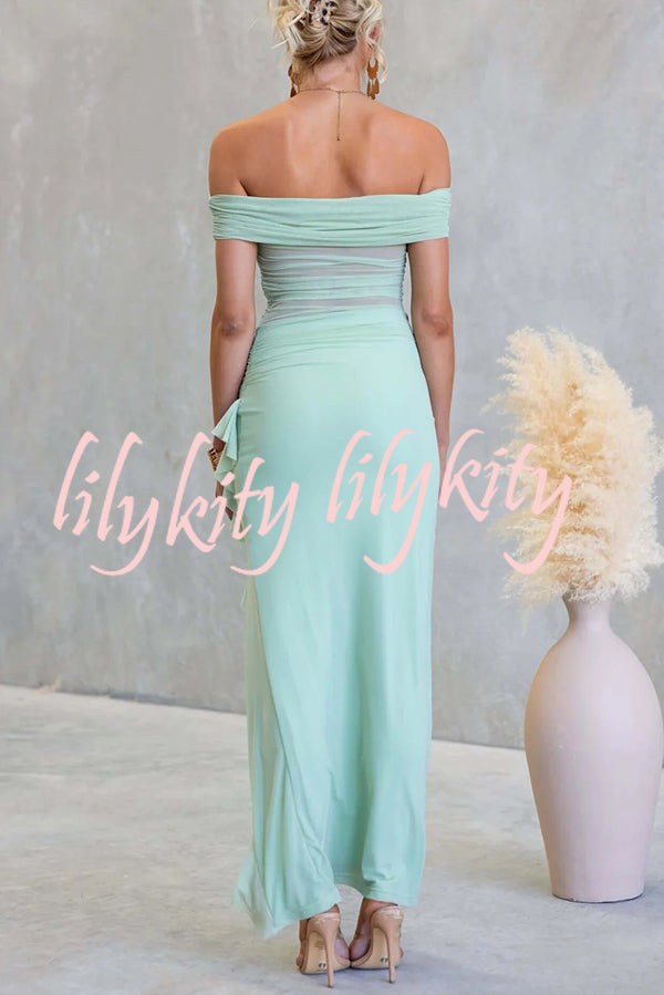 Sexy Mesh Off-shoulder Slim Fit Ruffled Slit Maxi Dress