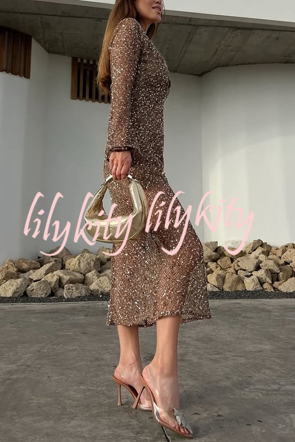 Fashion Sequined Hollow V-neck Long-sleeved Holiday Midi Dress