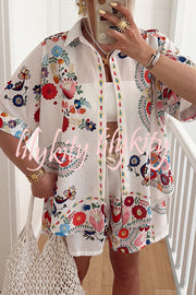 Linen Blend Floral Print Short Sleeve Loose Shirt and Elastic Waist Tie Casual Shorts Set