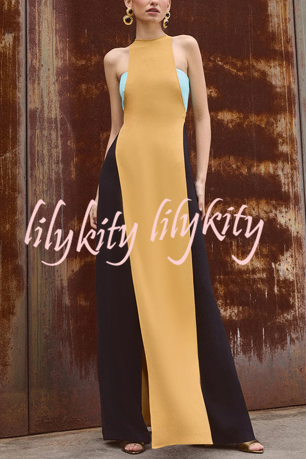 Fashionable Contrast Color Stitching Sleeveless Slim Maxi Dress
