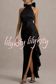 Maureen Satin High Neck Ruched Ruffle Slit Draped Maxi Dress