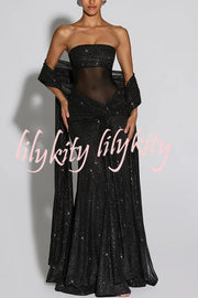 Paula Sequined Mesh and Jersey Off Shoulder Ruched Knot Drape Shawl Maxi Dress