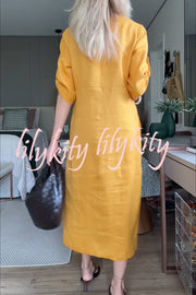 Ultra-comfortable Linen Blend Half Sleeve Front Button Detail Relaxed Pocket Midi Dress