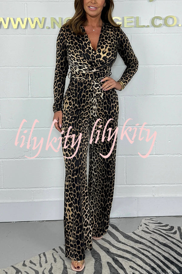 Fashion Leopard Print V-Neck Long Sleeve Lace-Up Casual Jumpsuit