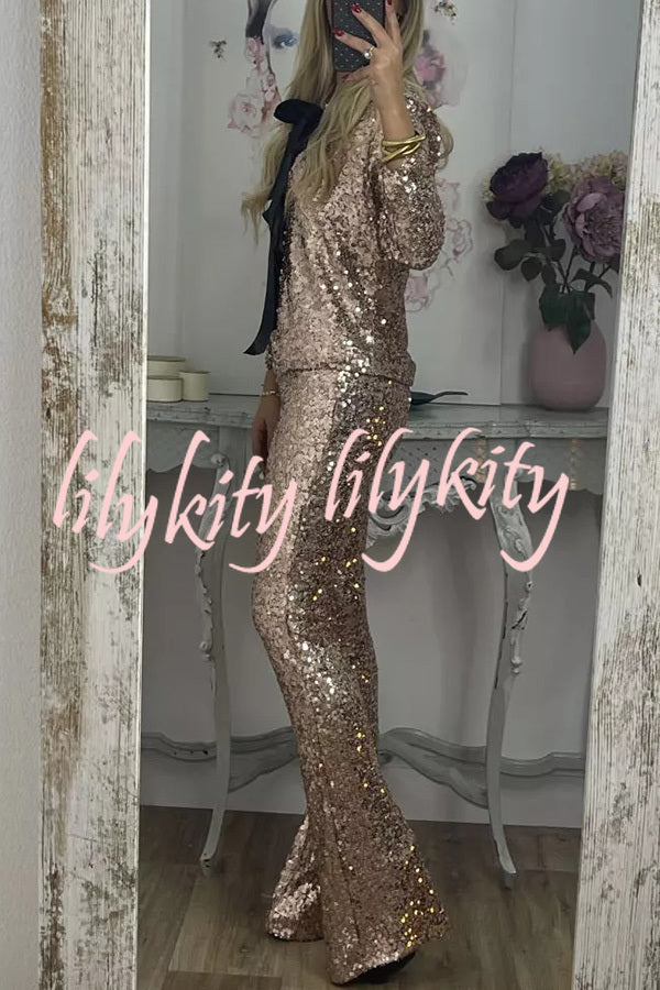 Holiday Cheer Sequin High Rise Elastic Waist Flared Stretch Pants