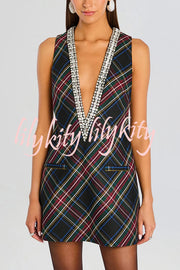 Elegant Demeanor Satin Gemstone Trim Deep V-Neck Tank H-line Mini Dress