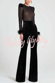 Monique Fish Scale Lace Sequin Velvet Patchwork Feather Trim Stretch Flare Jumpsuit