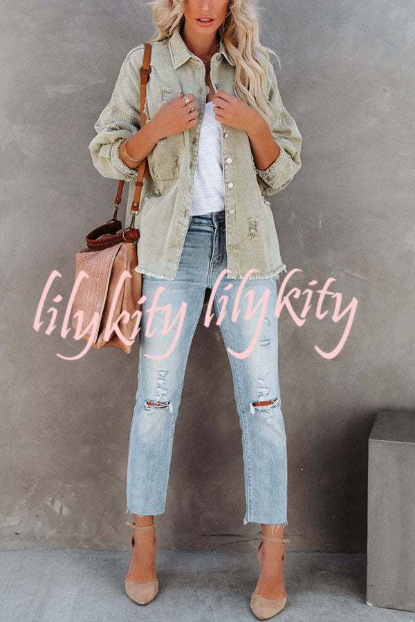 Stylish Lapel Long Sleeve Ripped Denim Jacket