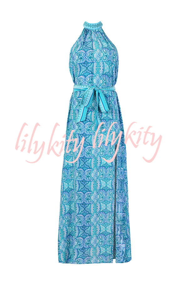 Unique Print Sexy Off-the-shoulder Waist Tie Slit Holiday Midi Dresses
