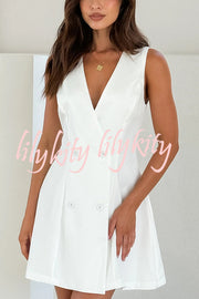 Solid Color Sleeveless V Neck Button Casual Mini Dress