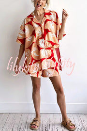 Linen Blend Unique Printed Shirt Top and Elastic Waisted Loose Pocket Shorts Set