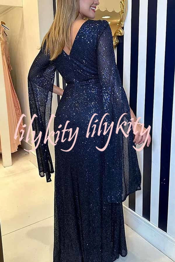 Shine Brighter Sequin Cape Sleeve Cross Waist Evening Maxi Dress