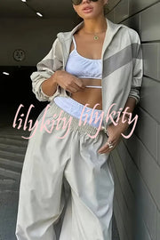 Fashionable Contrasting Long-sleeved Loose Coat and Elastic Waist Wide-leg Pants Set