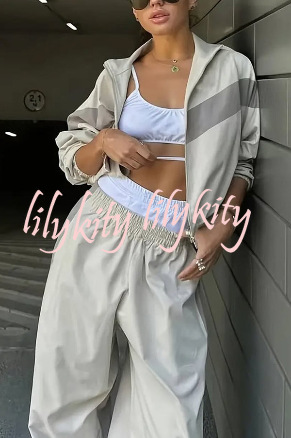 Fashionable Contrasting Long-sleeved Loose Coat and Elastic Waist Wide-leg Pants Set