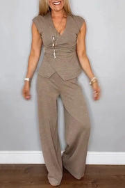 Solid Color V-neck Metal Buttoned Pleated Top and Casual Straight Pants Set