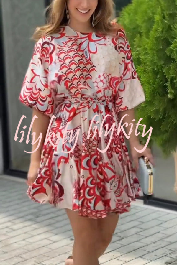 Unique Printed Round Neck Short Sleeve Waist Tie Vacation Mini Dress