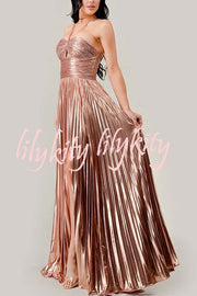 Make A Toast Metallic Fabric Cross Neck Cutout Slit Pleated Maxi Dress