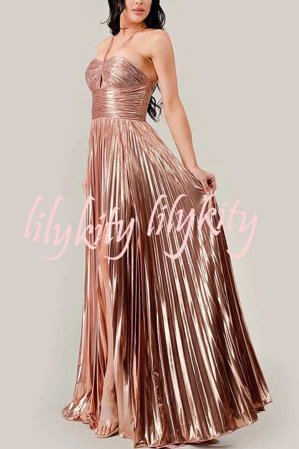 Make A Toast Metallic Fabric Cross Neck Cutout Slit Pleated Maxi Dress