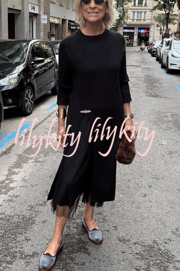 Jollie Knit Long Sleeve Front Slit Midi Sweater and Pleated Tulle Stretch Tank Midi Dress Two-piece Set