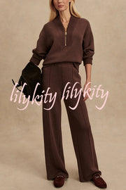 Meet The Autumn Ribbed Zipper Neck Sweatshirt and Elastic Waist Pocketed Loose Pants Set