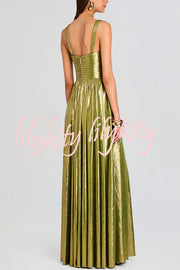 Artistic Quality Metallic Pleated Fabric Removable Straps Slit Maxi Dress