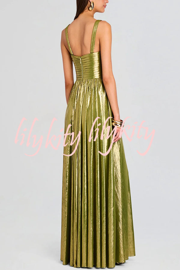 Artistic Quality Metallic Pleated Fabric Removable Straps Slit Maxi Dress