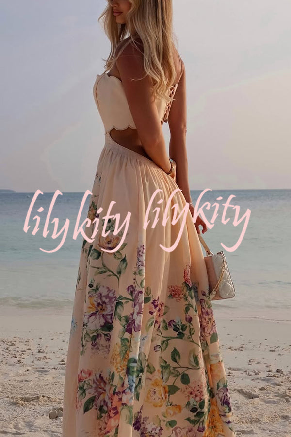 Cabo Sunsets Floral Print Petal Trim Back Lace-up Midi Dress