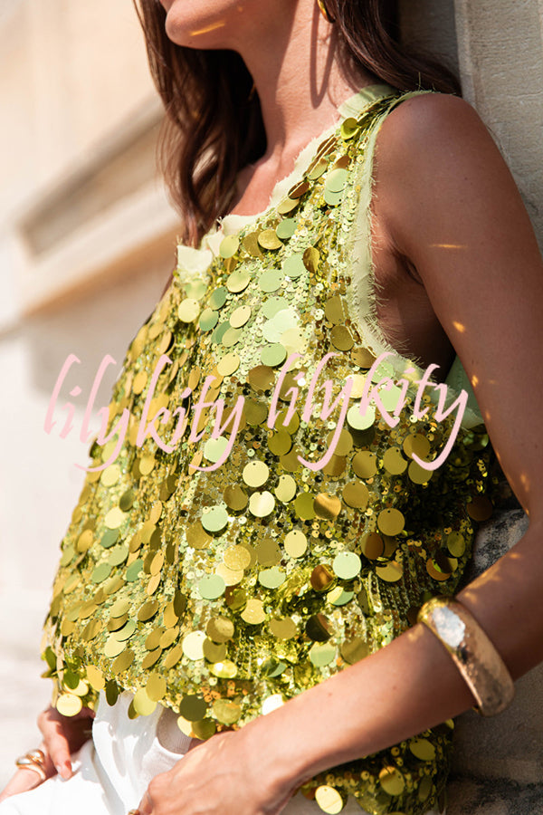 Fashionable Sequined Round Neck Sleeveless Loose Vest