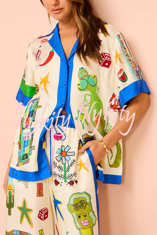 Vibrant Beach Satin Unique Print Colorblock Trim Button Down Oversized Blouse