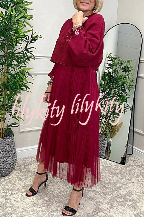 Fenna Ribbed Sequin Trim Batwing Sleeve Sweater and Pleated Tulle Stretch Tank Midi Dress Two-piece Set