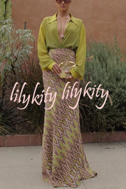 Moonlit Waltz Gradient Print Button Up Long Sleeve Loose Blouse