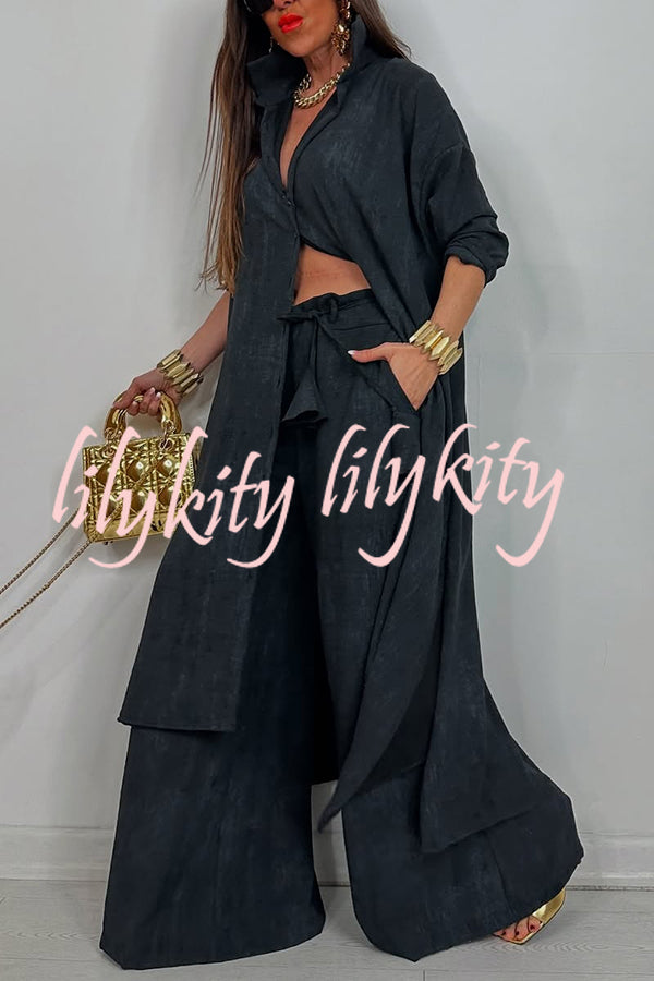 Solid Color Casual Loose Long Shirt and Elastic Waist Pocket Wide Leg Pants Set