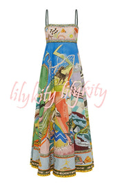 Linen Blend Unique Print Suspenders Back Pleated Pocket Resort Style Maxi Dress