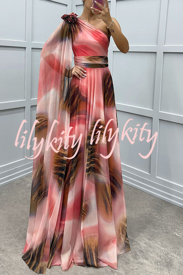 Lucia Unique Print Floral Detail One Shoulder Draped Sleeve Gown Maxi Dress