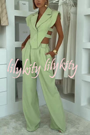 Fashion Style Lapel Waist-baring Irregular Vest and  Elastic Waist Pocket Loose Pants Set