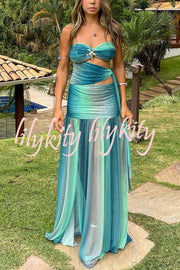 Soleil Mesh Printed Starfish Pendant Ruched Cutout Off Shoulder Maxi Dress