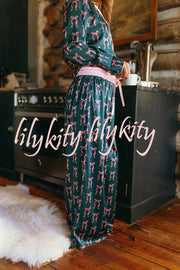 Satin Bow Print Long sleeve Loose Shirt and Elastic Waist Tie Loose Pants Set