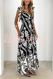 Unique Printed V-neck Sleeveless Lace-up Waist Maxi Dress