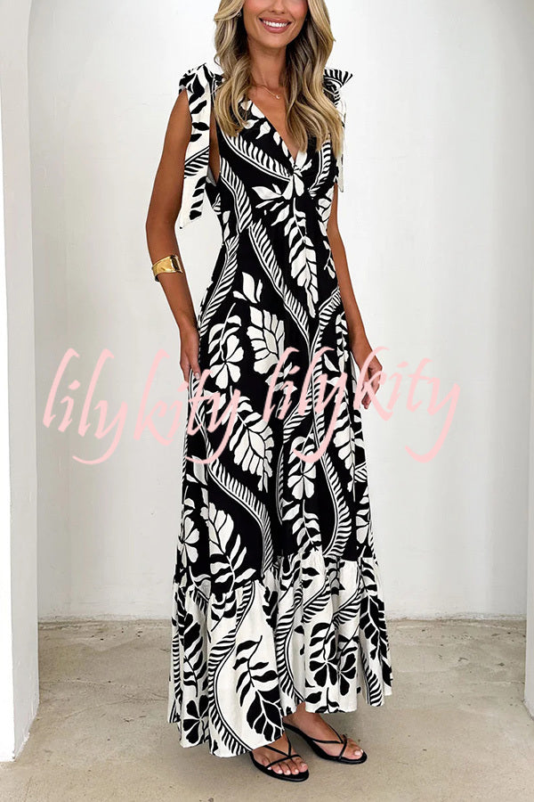 Unique Printed V-neck Sleeveless Lace-up Waist Maxi Dress