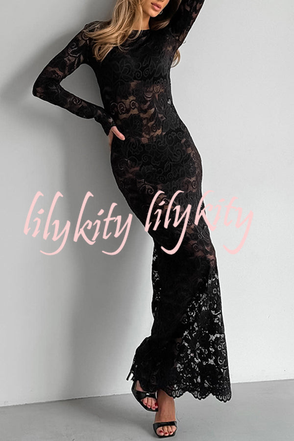 Sexy Openwork Lace Long-sleeved Slim-fit Fishtail Maxi Dress
