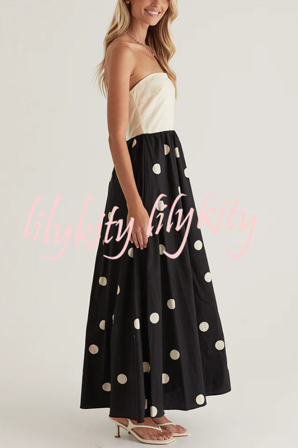Fashion Polka Dot Print Tube Top Spliced Maxi Dress