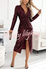 Coralia Sequin V-neck Long Sleeve Twist Waist Front Slit Midi Dress