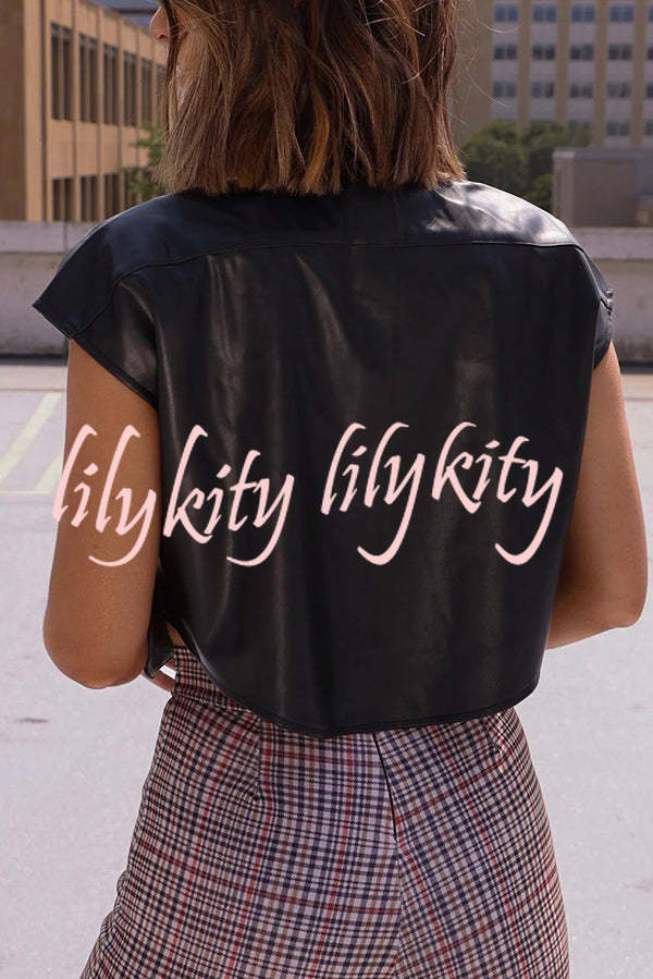 Fashion Faux Leather Pocket Sleeveless Cropped Jacket