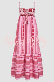 Unique Printed Patchwork Fringed Lace-up Maxi Dress