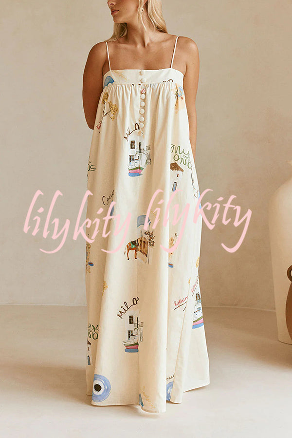 Linen Blend Sling Backless Loose Holiday Maxi Dress