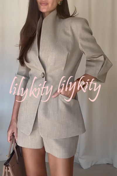 Devora Linen Blend Stand Lapel Neck Half Sleeve Button Pocket Blazer and High Rise Shorts Set