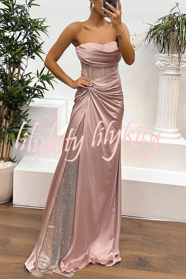 Audrey Satin Paneled Mesh Sequin Fabric Off Shoulder Ruched Drape Maxi Dress