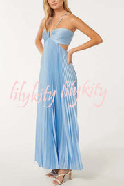 Caught Your Eye Satin Pleated Cross Straps Cutout Flowing Maxi Dress