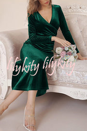 Solid Color Velvet Long Sleeve V-neck Slim Fit Fishtail Maxi Dress